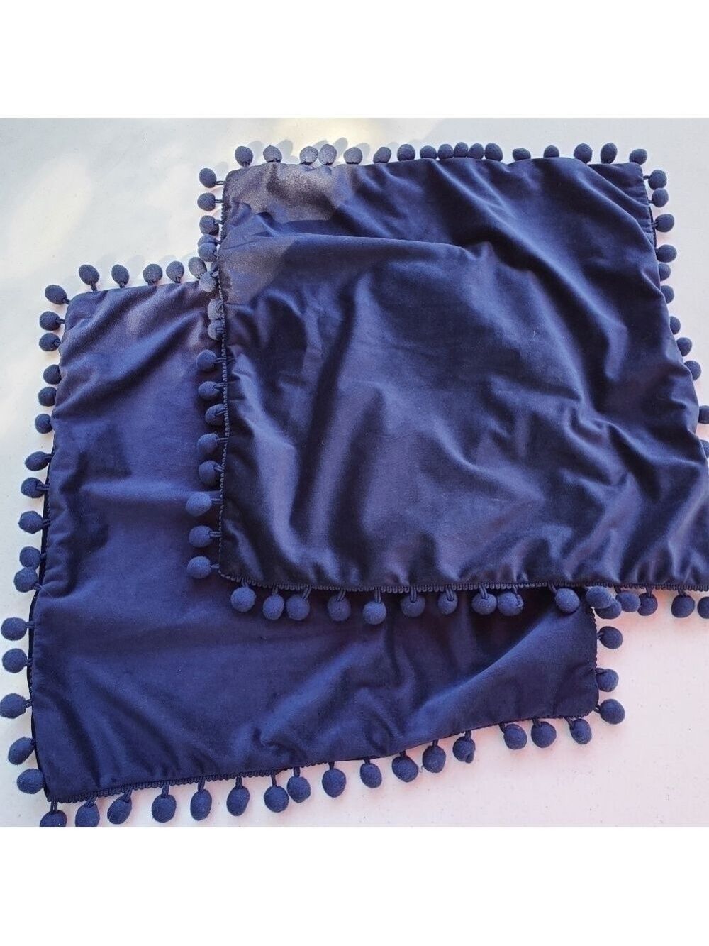 Blue velvet set of 2 throw pillow pillowcases with pom-poms hidden zipper